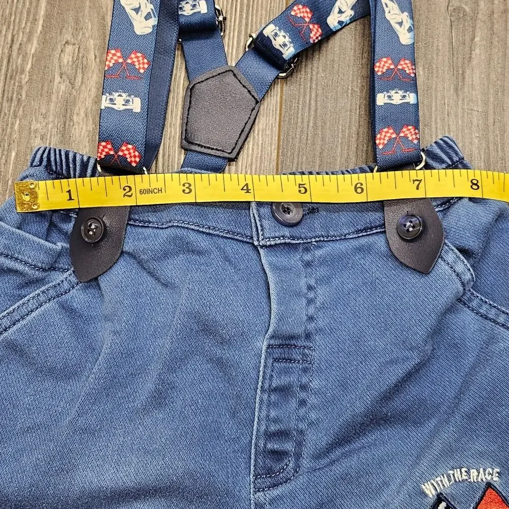 BABE BABY BLUE DENIM SUSPENDER SHORTS – TODDLER XL –  “WIN THE RACE” EMBROIDERED
